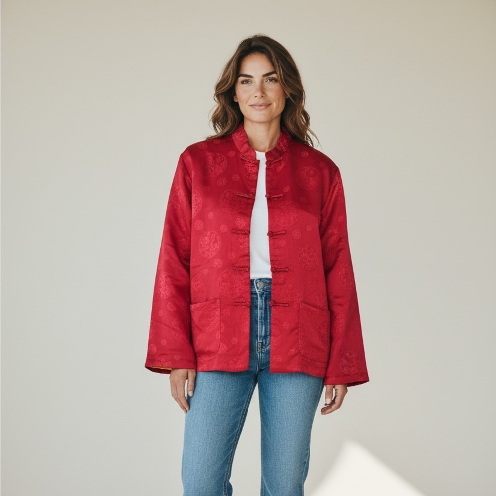 Stylish Red Women's Silk Jacket - Picture 3 of 14